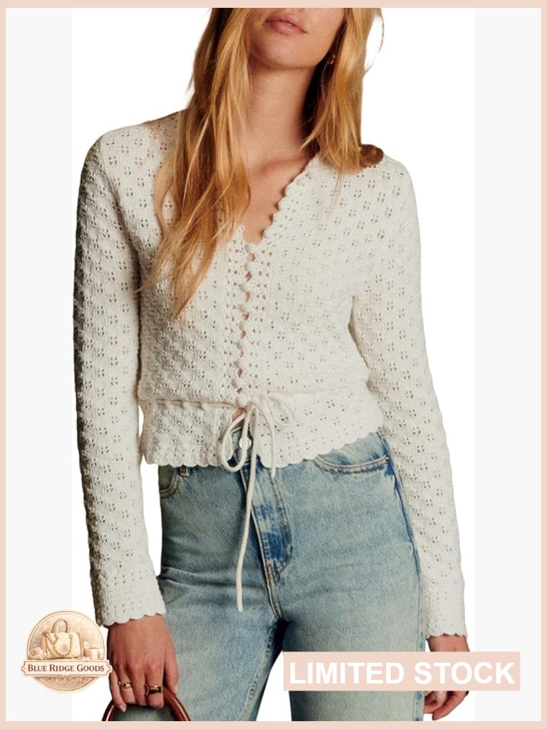 Crochet Knit Cardigan Lightweight Hollow Out Tie Front Sweater Long Sleeve